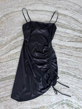 Black Ruched Satin Slip Dress with Spaghetti Straps asymmetrical